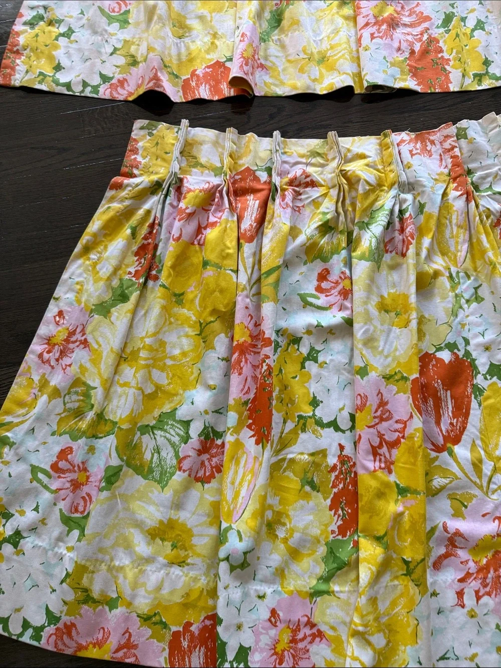 Mid Century Cohama Floral Pleated Curtain Panels Camellia Yellow, Orange, Green